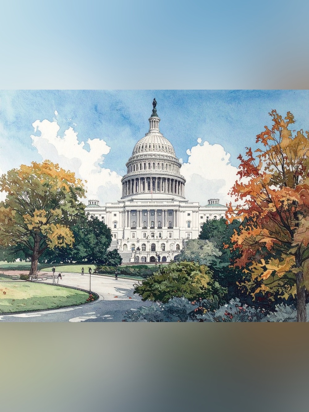 Capitol Building Watercolor Print in White and Blue with Autumn Accents